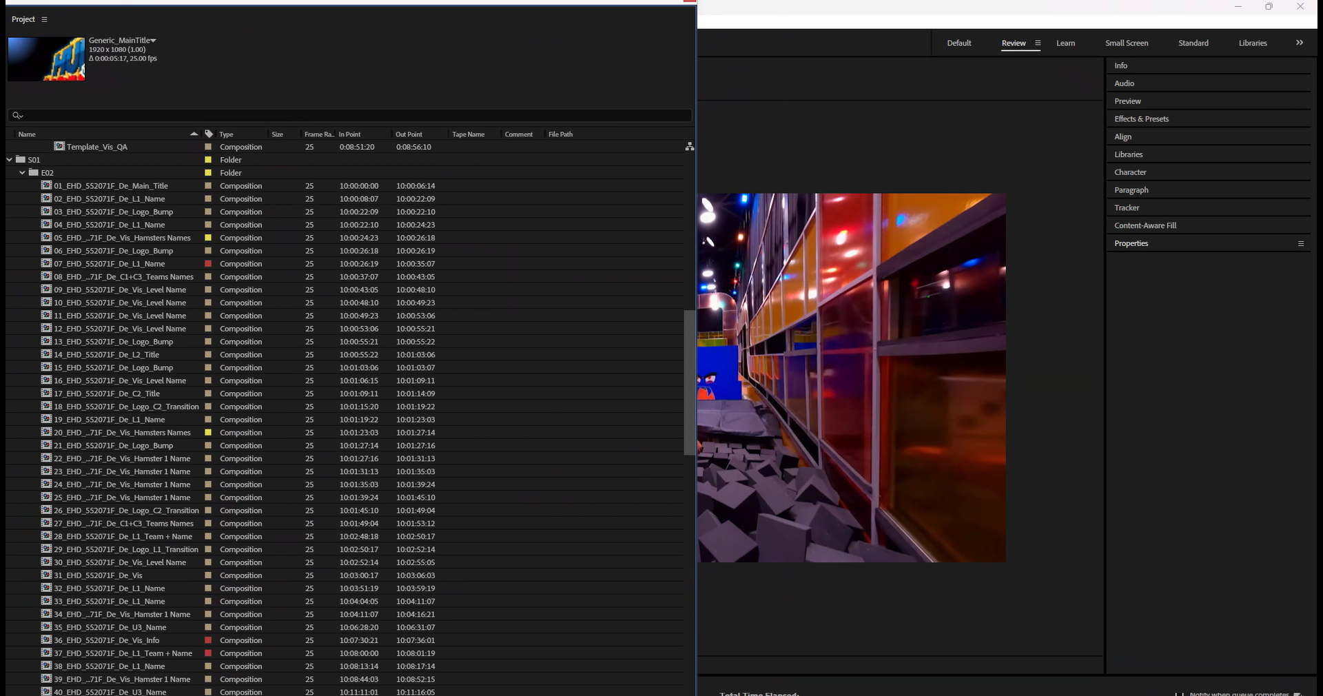 Project panel showing a full season and episode folder of automatically generated graphics compositions