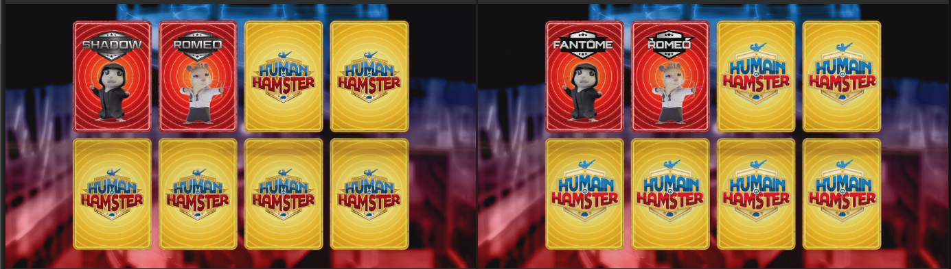 Playing card sequence EN alongside French localised version with character badges