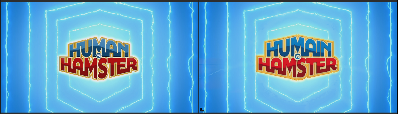 Human vs Hamster blue lightning logo bump EN alongside French version