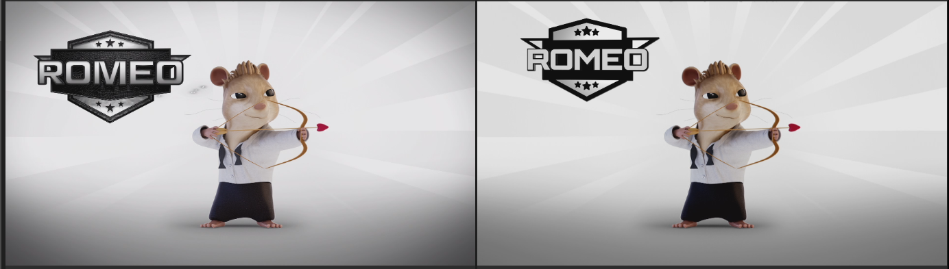 Romeo mascot with name badge EN alongside French version