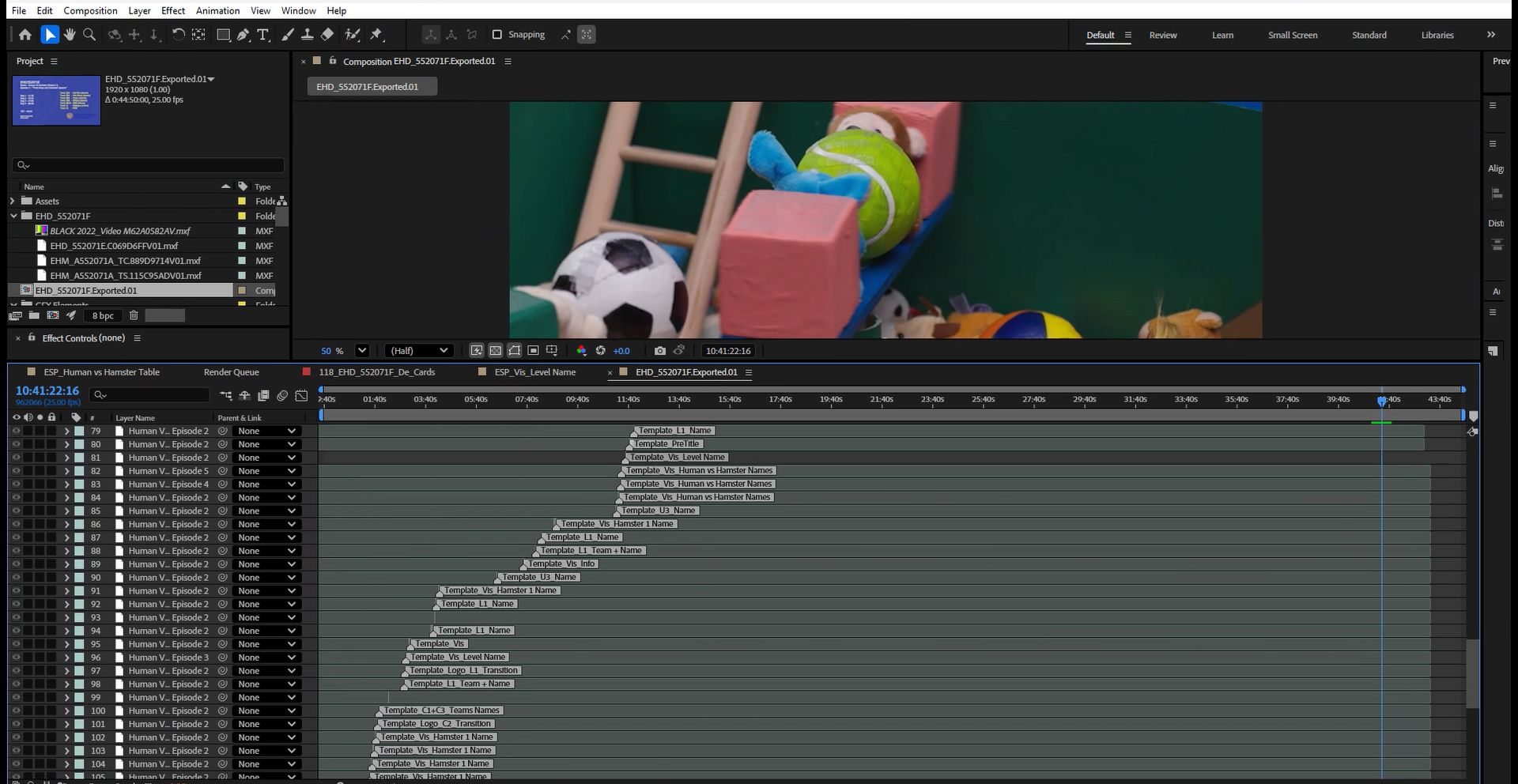 Master timeline with named template compositions placed over the programme footage
