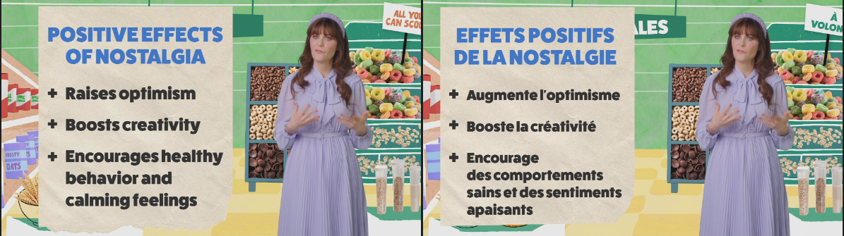 Milk scene with six simultaneous hand-lettered sign graphics, English original alongside French rebuild